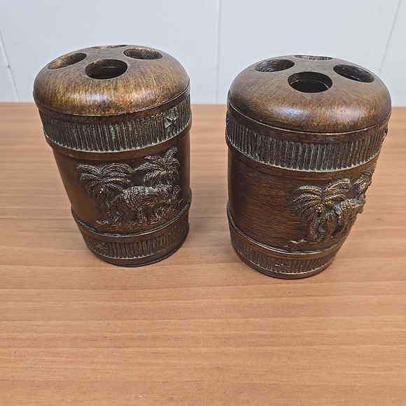 Carved Wood Toothbrush Holder Beach Tiki Palm Trees Elephants Trunks Up Set of 2 - Picture 7 of 7